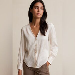 & Other Stories Blush Pink Long Sleeve V Neck Jacquard Floral Blouse